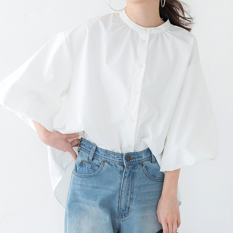 白ブラウス ふんわりボリューム袖シフォンバンドカラーブラウス