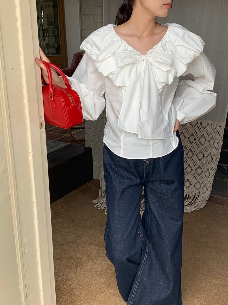 リボン付き長袖白ブラウス体型カバーレディース