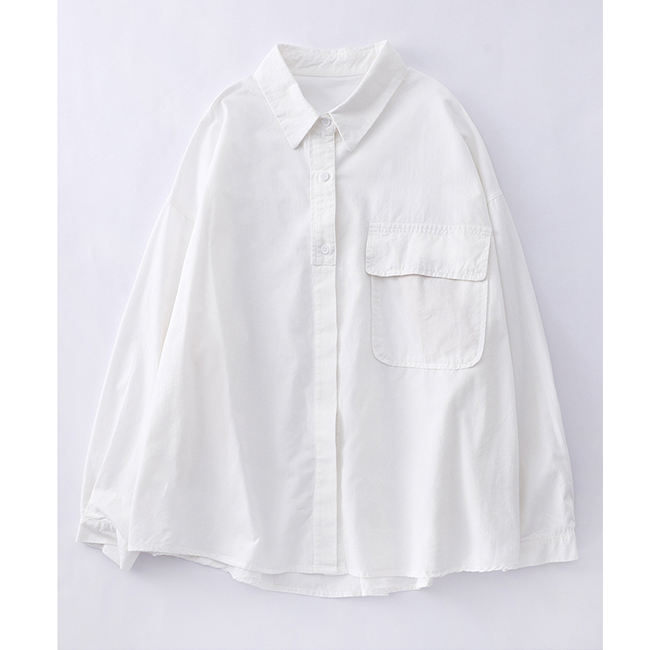 白ブラウス 襟付き長袖シャツ 胸ポケット付きベーシックブラウス