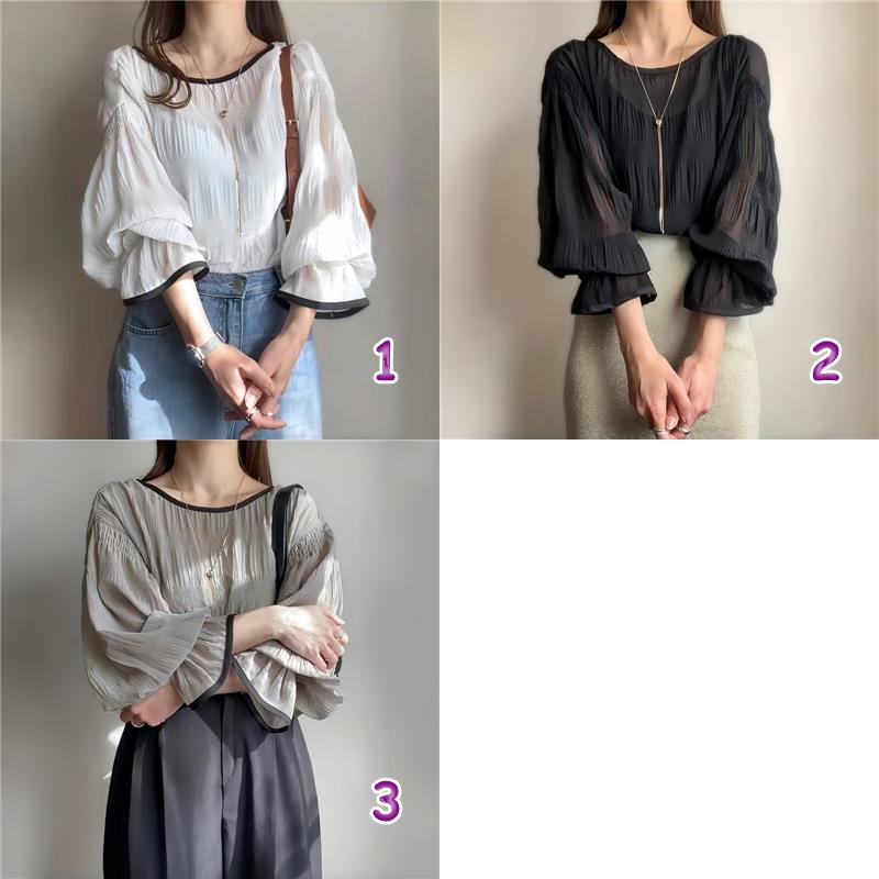 白ブラウス シフォン ブラウス レディース 長袖 フリル袖 3色展開