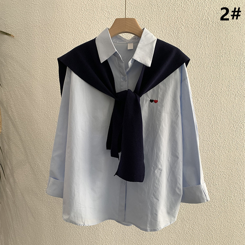 白ブラウス 長袖シャツ＋ショール風二点セット女性春秋トップス