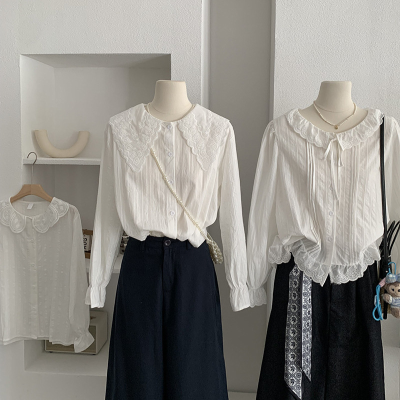 韓国風レース襟白ブラウス長袖トップス3色展開