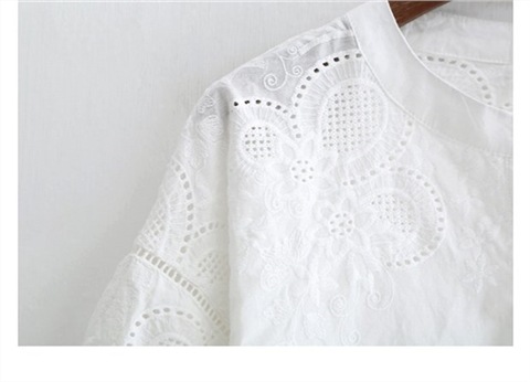 白ブラウス 刺繍レース五分袖バンドカラーシャツ