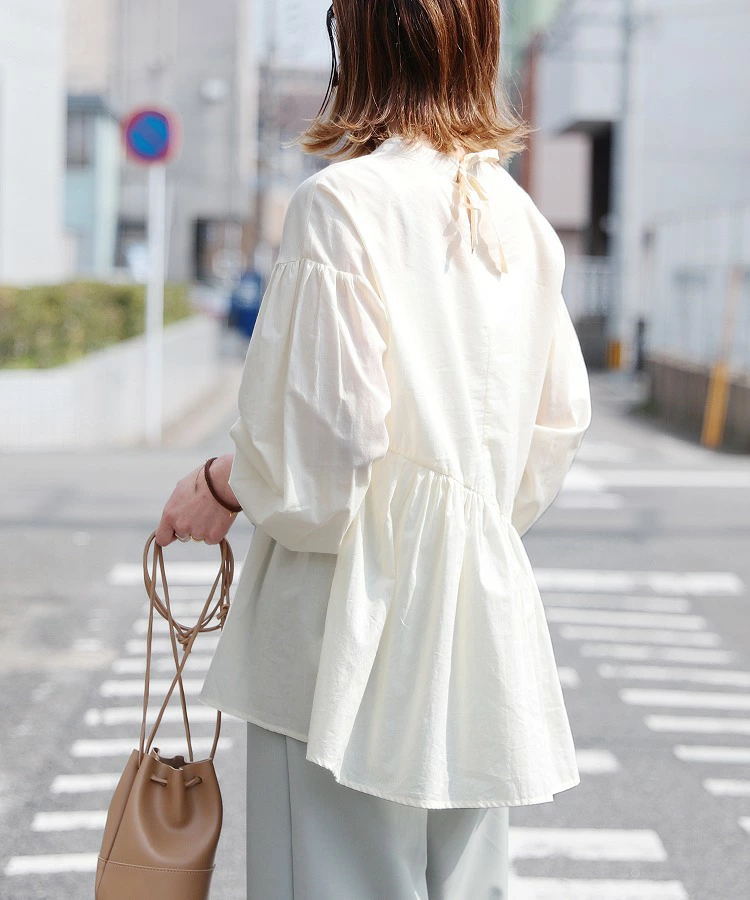 白ブラウス 人気パフスリーブチュニック ラウンドネック レディース