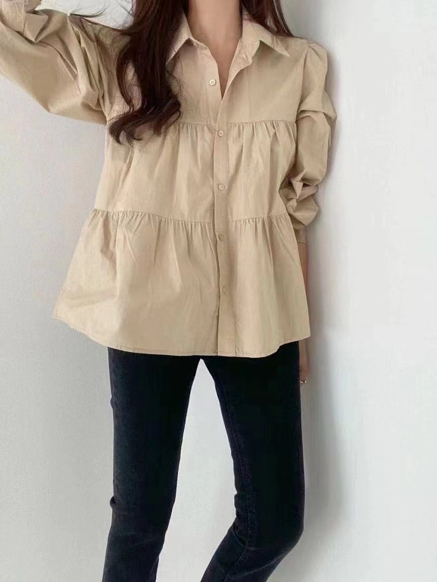 白ブラウス ティアード風ゆったりシャツ ふんわり袖の白ブラウス