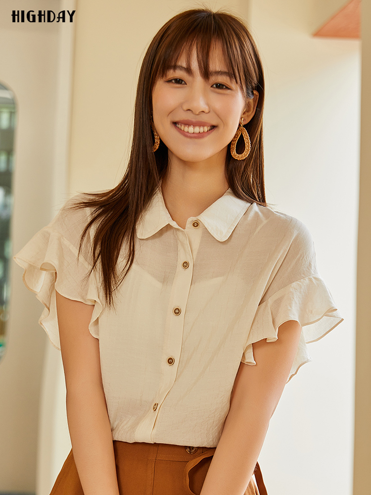 白ブラウス 優美な袖フリルラウンドカラーブラウス