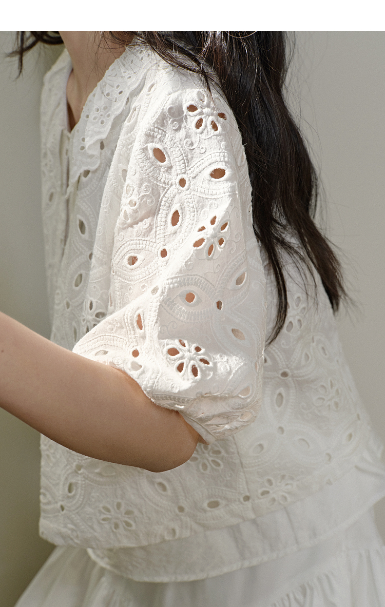 白ブラウス 花刺繍レース襟フリルブラウス