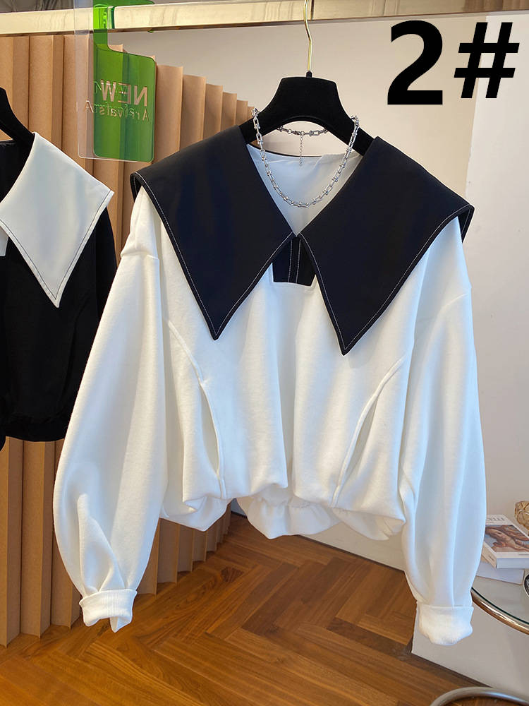 白ブラウス 長袖シャツ 大きめ襟 体型カバー 大人可愛い韓国風