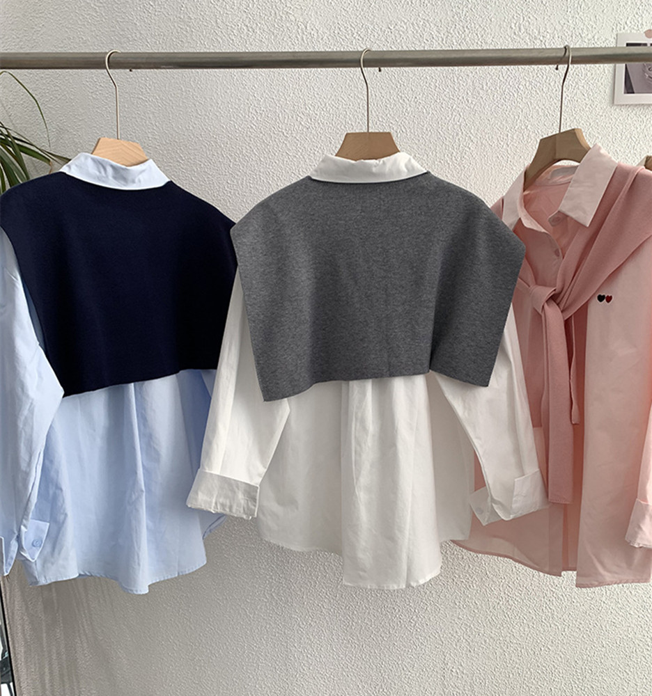 白ブラウス 長袖シャツ＋ショール風二点セット女性春秋トップス