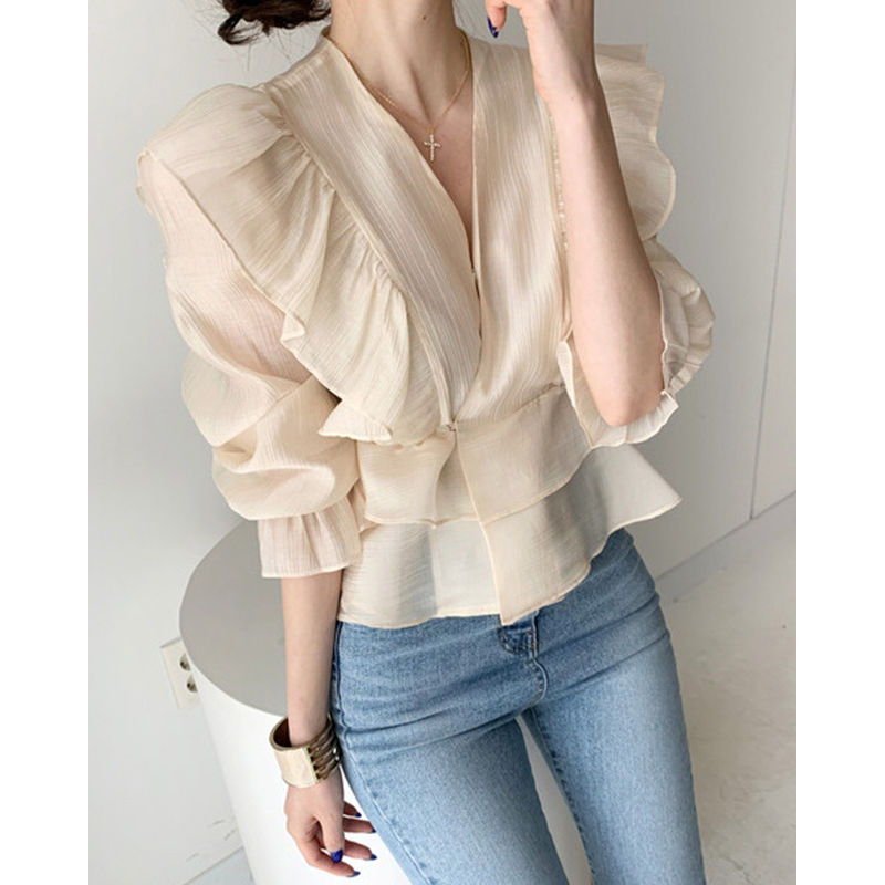 白ブラウス 春夏新作 シフォンブラウス フレア袖 透け感 レディース