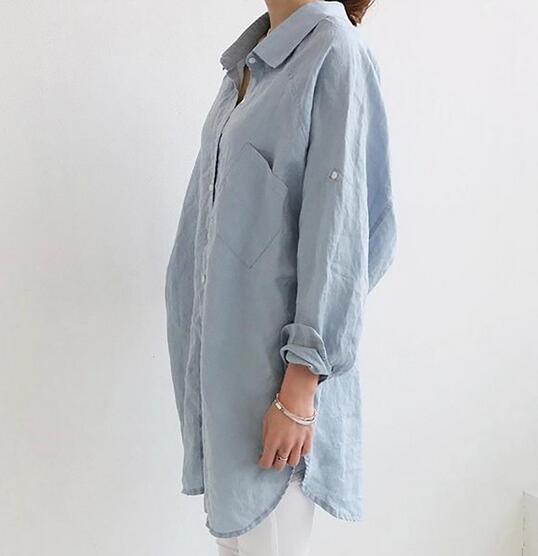 白ブラウス 上品な長袖リネンチュニック ゆったりシャツブラウス レディース