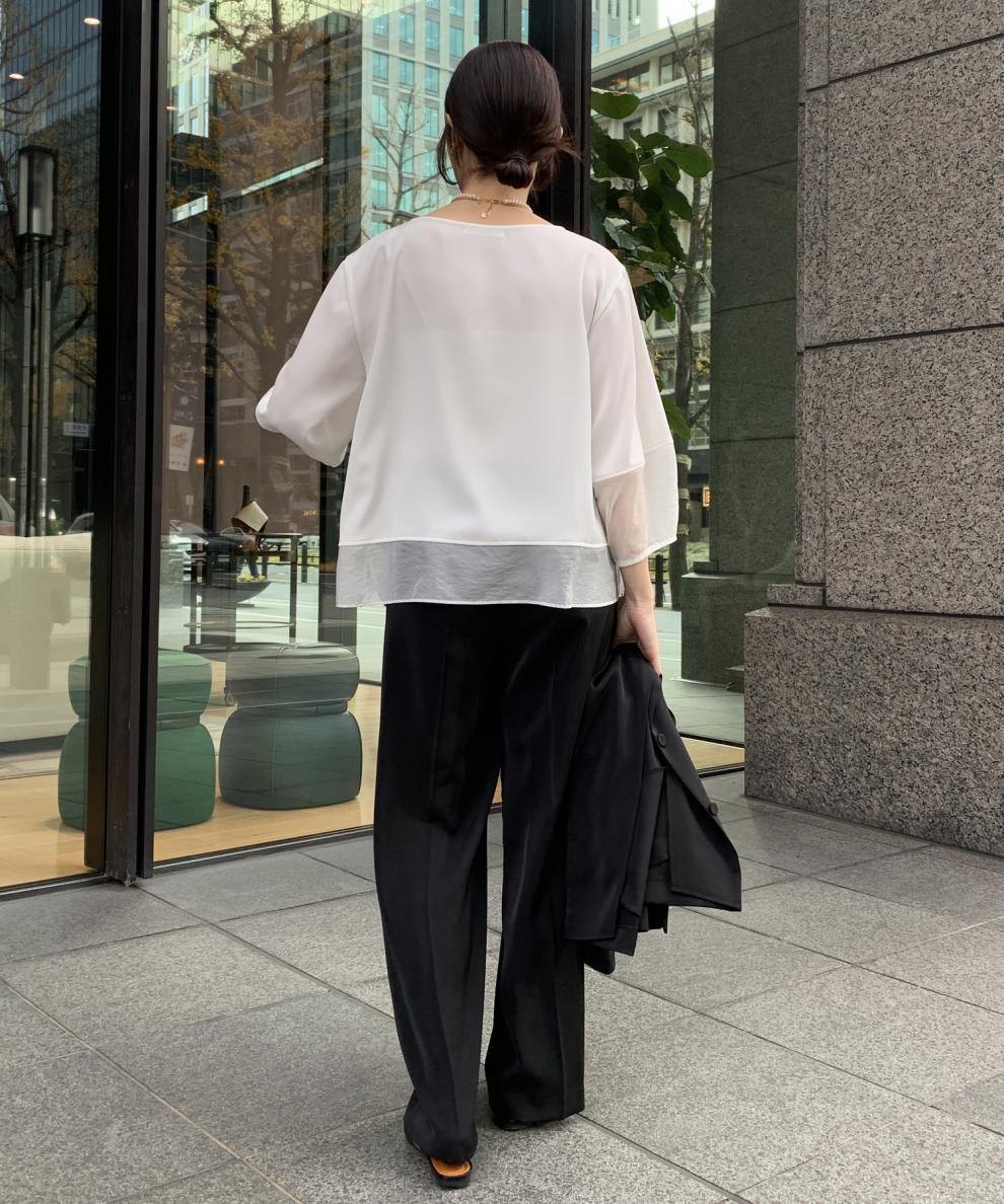 白ブラウス シフォン重ね着風半袖ブラウス裏地付き春夏薄手