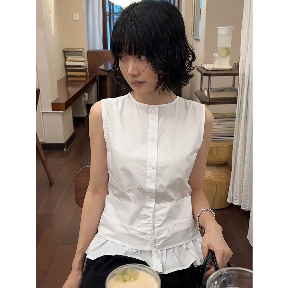 白ブラウス フリルヘム ノースリーブブラウス