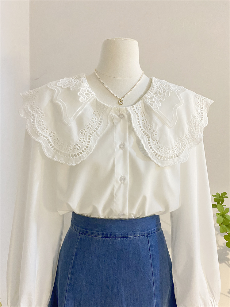 白ブラウス 花刺繍大きめ襟レースブラウス