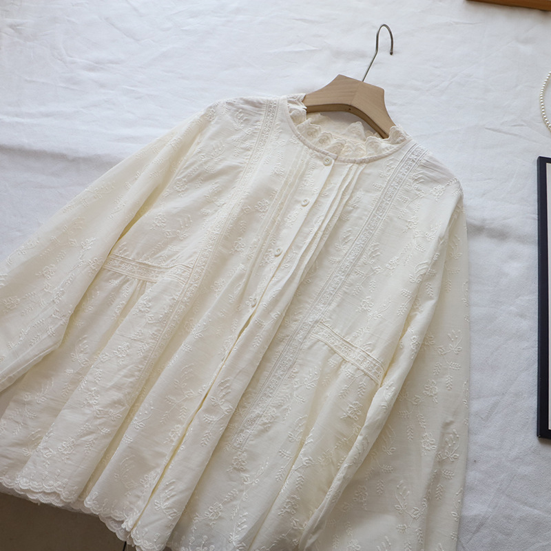 白ブラウス レース刺繍韓国風ブラウス長袖トップス2色