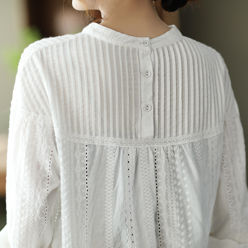 白ブラウス ピンタック刺繍レース長袖ブラウス