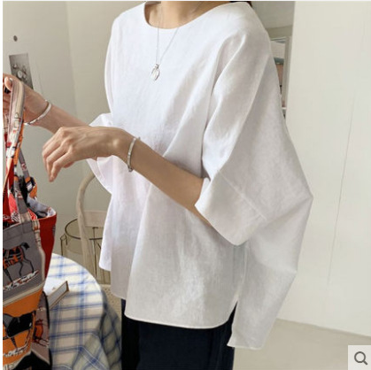 白ブラウス ゆったりシルエット七分袖チュニック