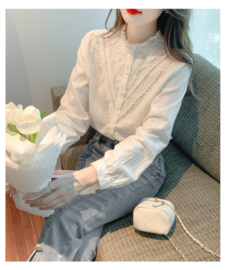 白ブラウス 花刺繍フリルスタンドカラーブラウス