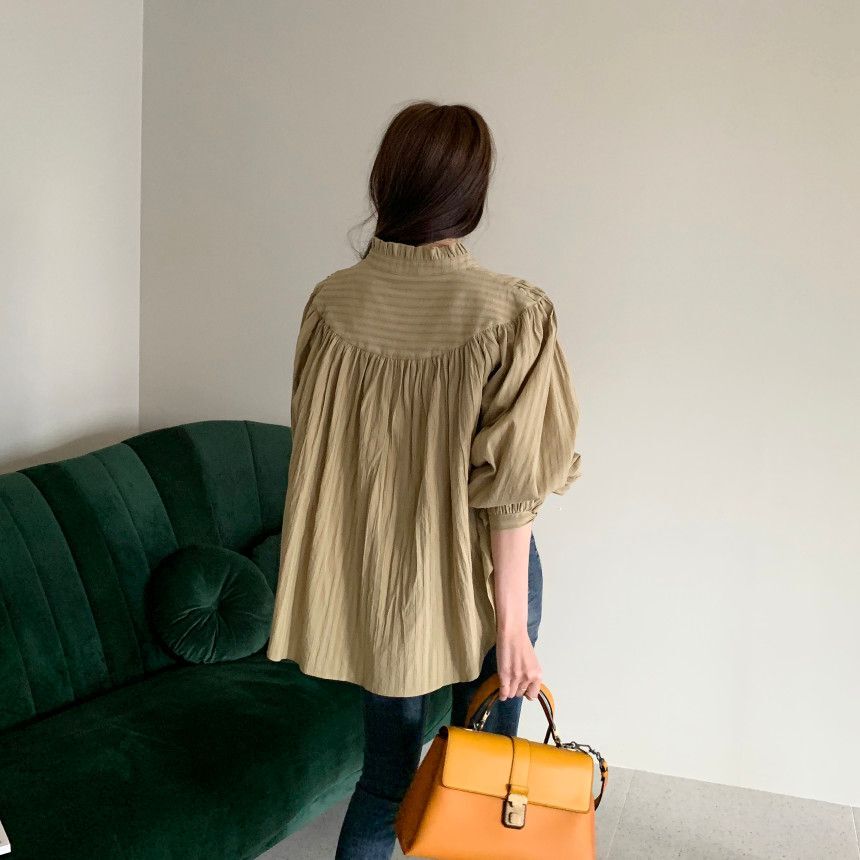 春夏新作パフスリーブ白ブラウスチュニック体型カバーおしゃれ