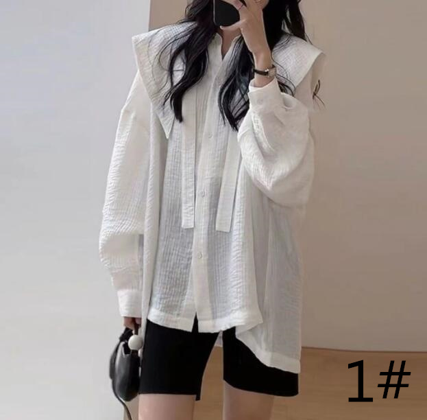 大きい襟 長袖 白ブラウス チュニック レディース 体型カバー