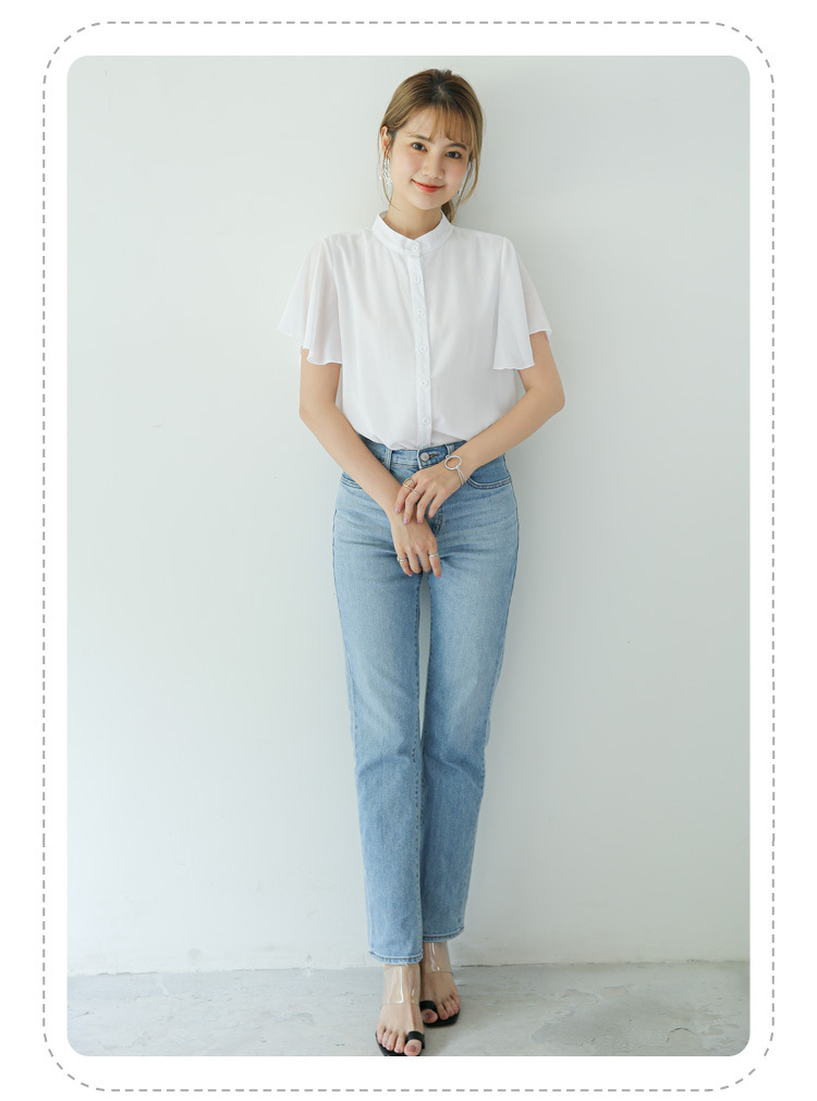 白ブラウス 優美フレア袖スタンドカラーブラウス