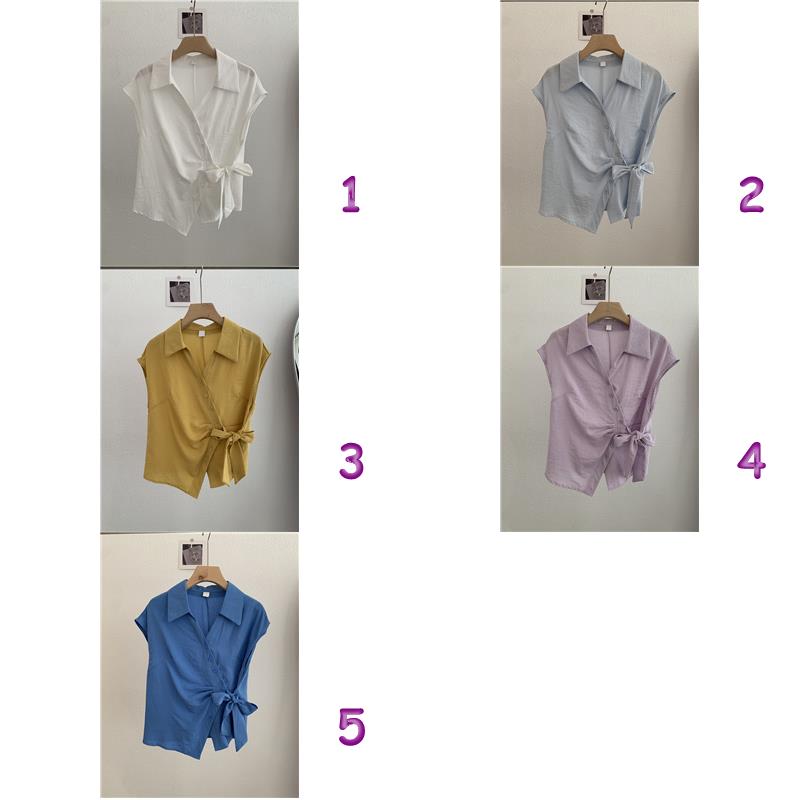 白ブラウス レディース半袖シャツ ウエストリボン付きおしゃれブラウス 5色展開