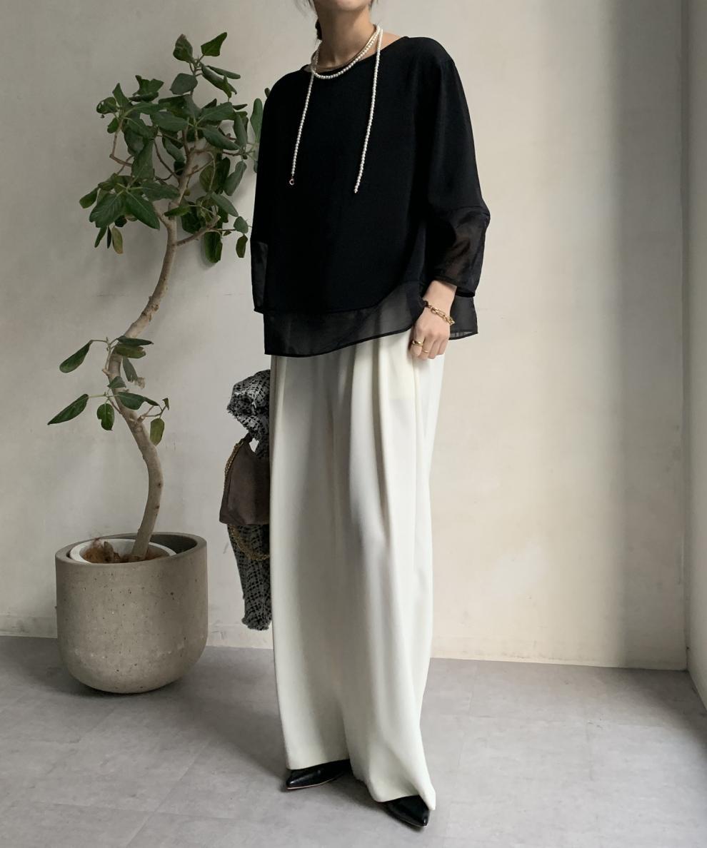 白ブラウス シフォン重ね着風半袖ブラウス裏地付き春夏薄手