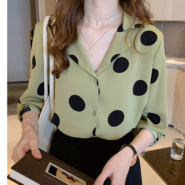 白ブラウス 大人ドット柄シフォンブラウス上品きれいめ長袖シャツ