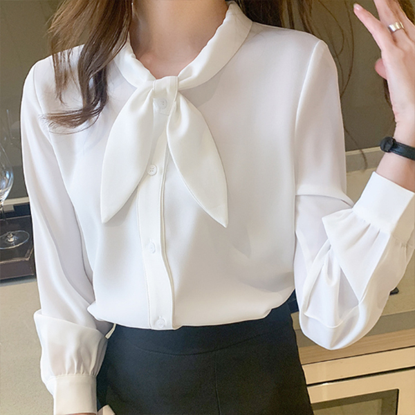 白ブラウス 上品ボウタイブラウス長袖きれいめシャツ