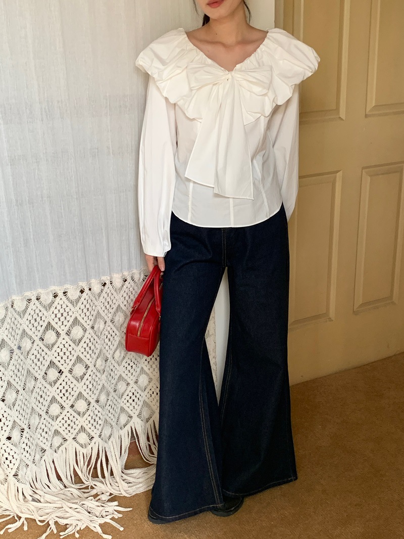 リボン付き長袖白ブラウス体型カバーレディース