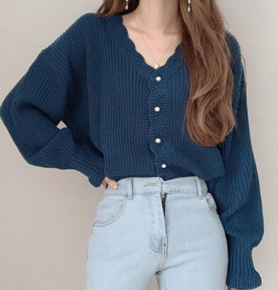 白ブラウス フリル編み込み長袖ニットセーター レディース秋冬