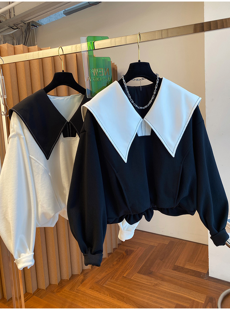 白ブラウス 長袖シャツ 大きめ襟 体型カバー 大人可愛い韓国風