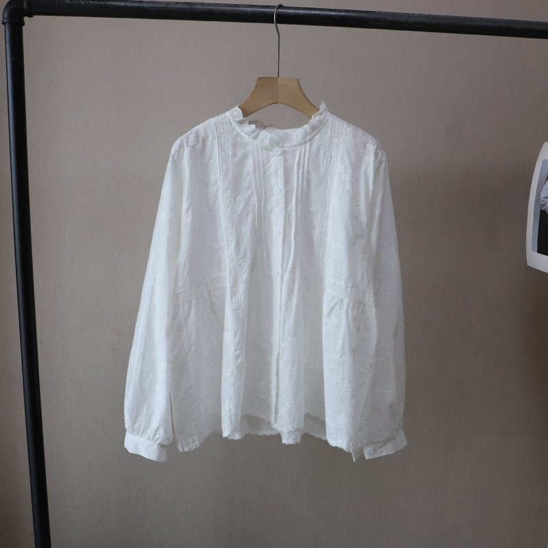 白ブラウス レース刺繍韓国風ブラウス長袖トップス2色