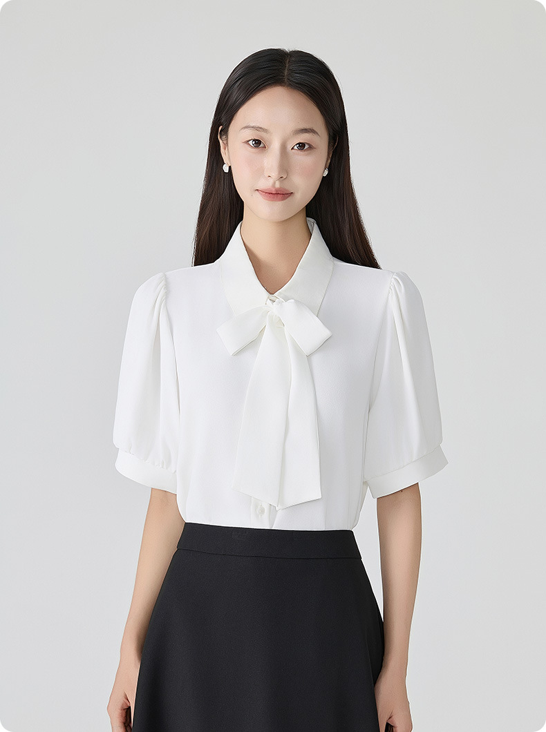 白ブラウス 優美リボンタイ半袖ブラウス