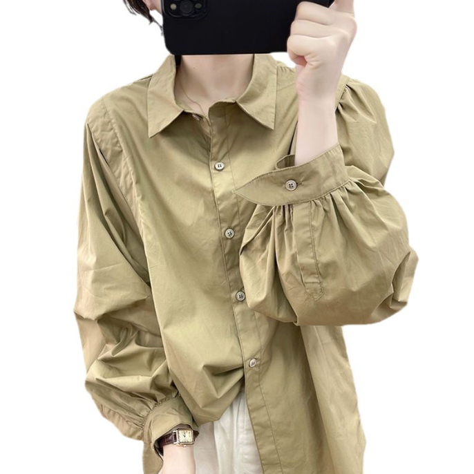 ゆったり長袖シャツ 袖ぷっくり白ブラウス レディース