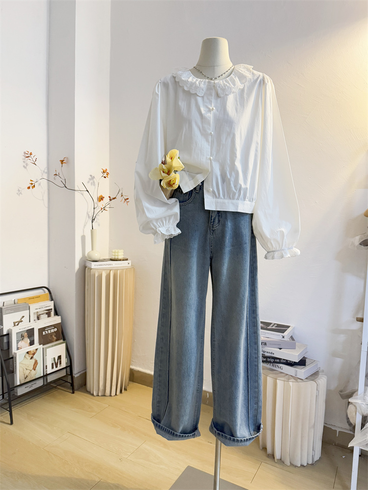 白ブラウス 花柄刺繍レース襟フリルブラウス