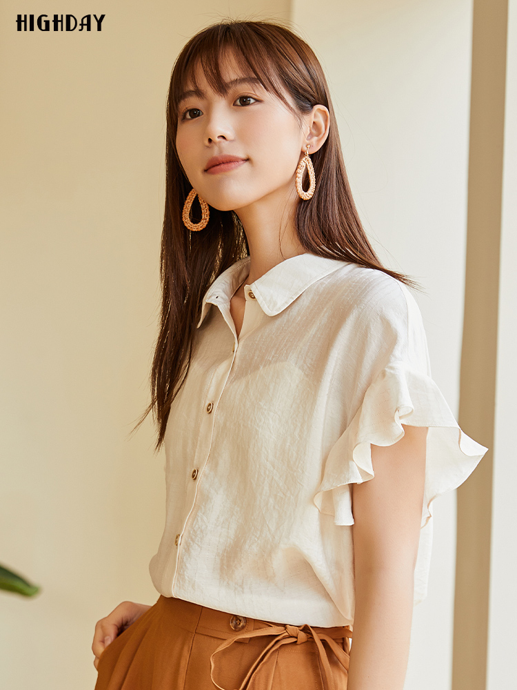 白ブラウス 優美な袖フリルラウンドカラーブラウス