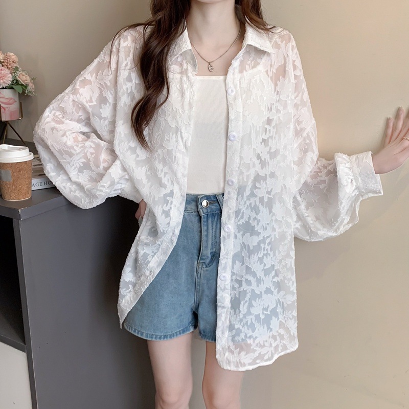 白ブラウス 花柄シアーレースシャツ