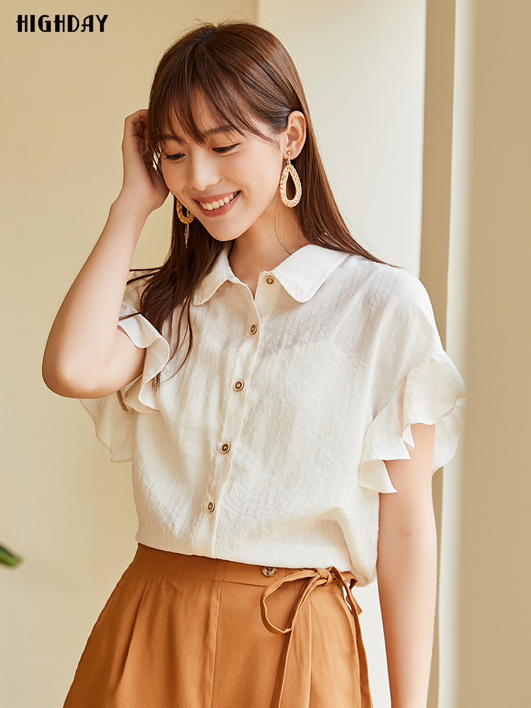白ブラウス 優美な袖フリルラウンドカラーブラウス
