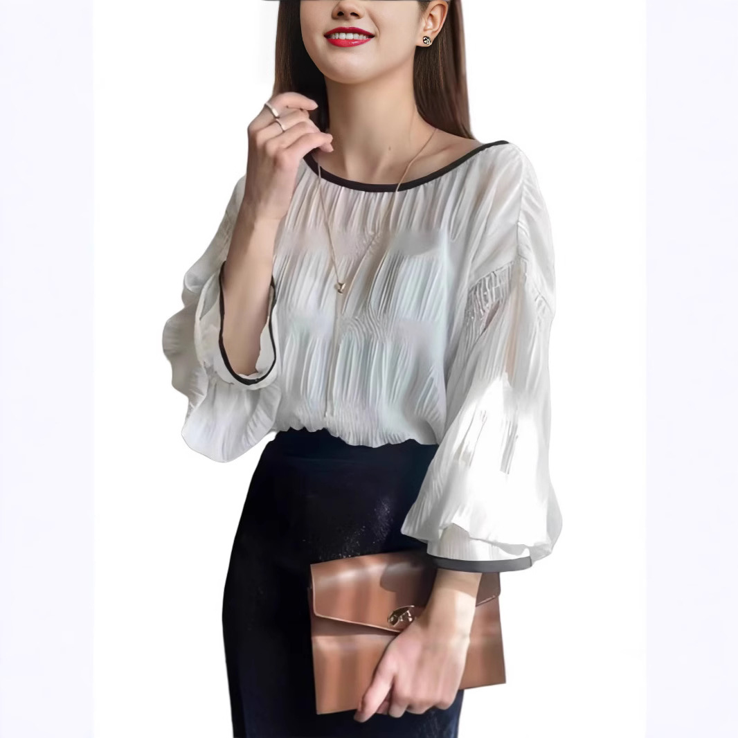 白ブラウス シフォン ブラウス レディース 長袖 フリル袖 3色展開