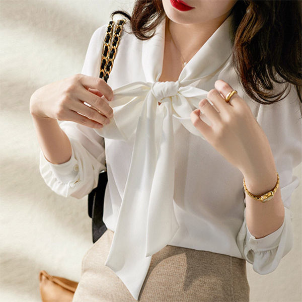 白ブラウス 上品ボウタイブラウス白黒長袖きれいめシャツ