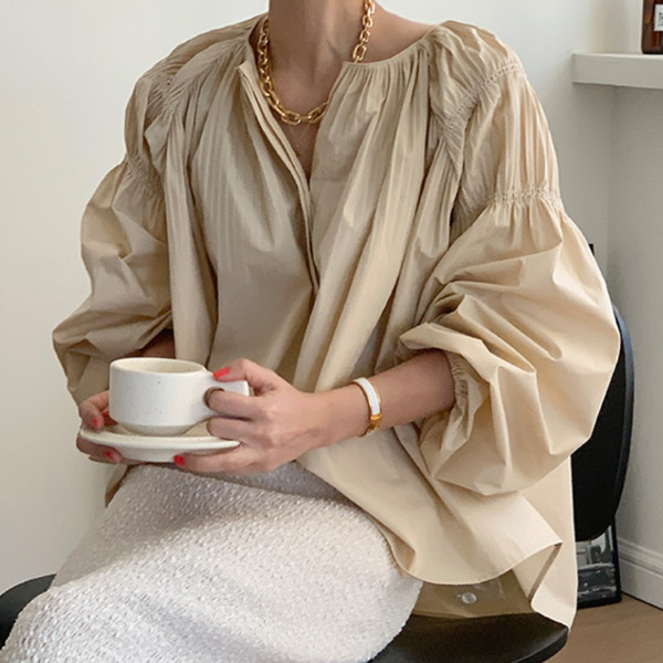 白ブラウス 春夏新作 白チュニック パフスリーブ 着痩せ 体型カバー 長袖