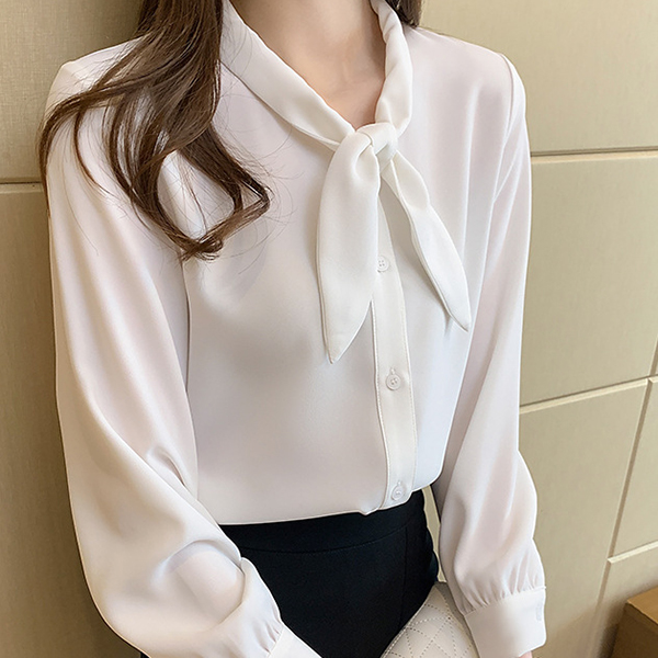 白ブラウス 上品ボウタイブラウス長袖きれいめシャツ