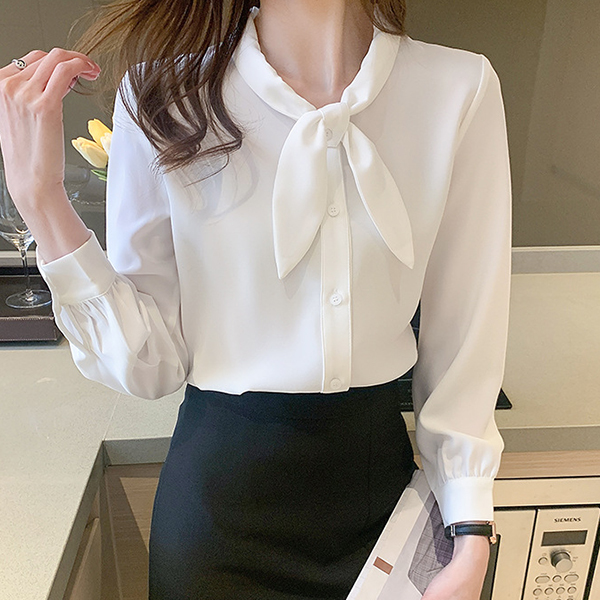 白ブラウス 上品ボウタイブラウス長袖きれいめシャツ