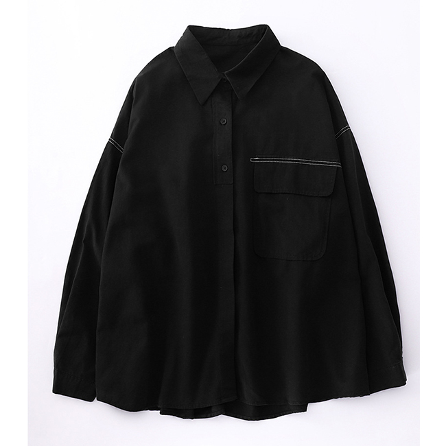 白ブラウス 襟付き長袖シャツ 胸ポケット付きベーシックブラウス