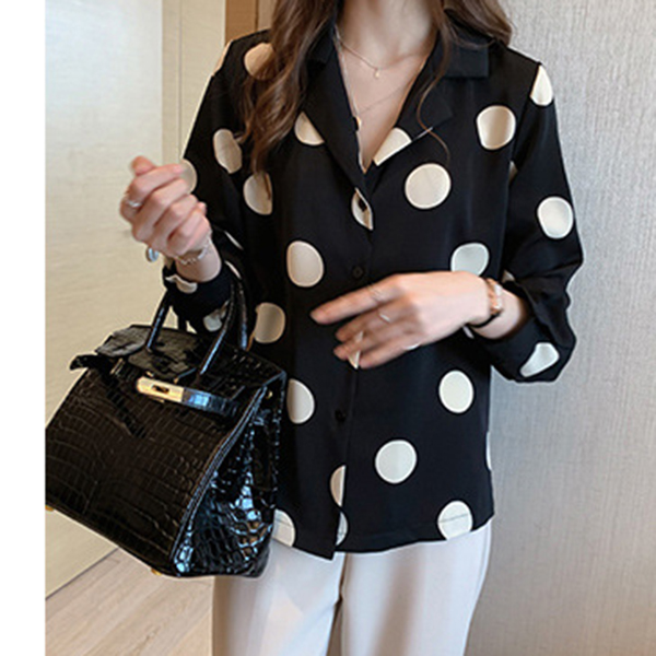 白ブラウス 大人ドット柄シフォンブラウス上品きれいめ長袖シャツ