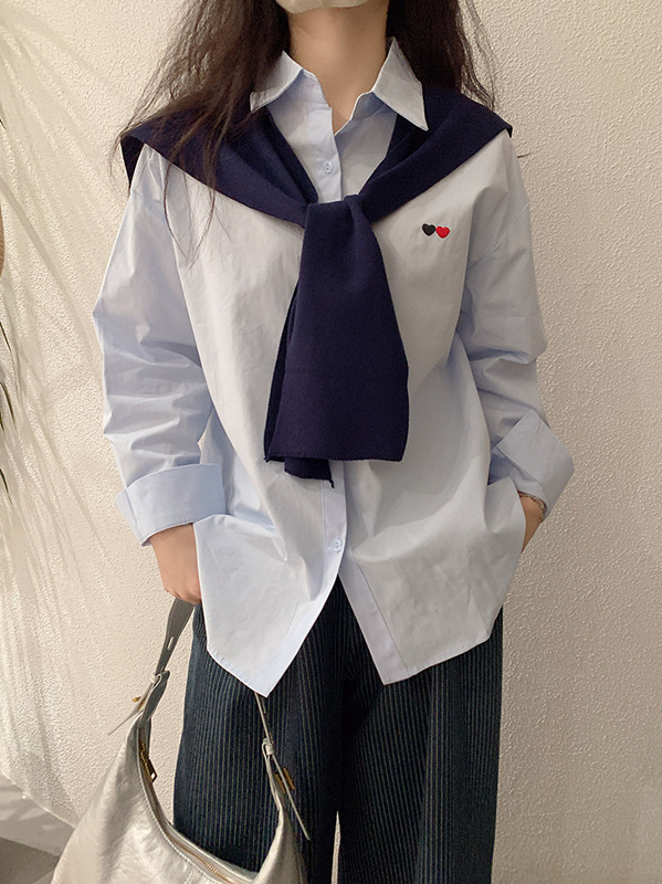 白ブラウス 長袖シャツ＋ショール風二点セット女性春秋トップス