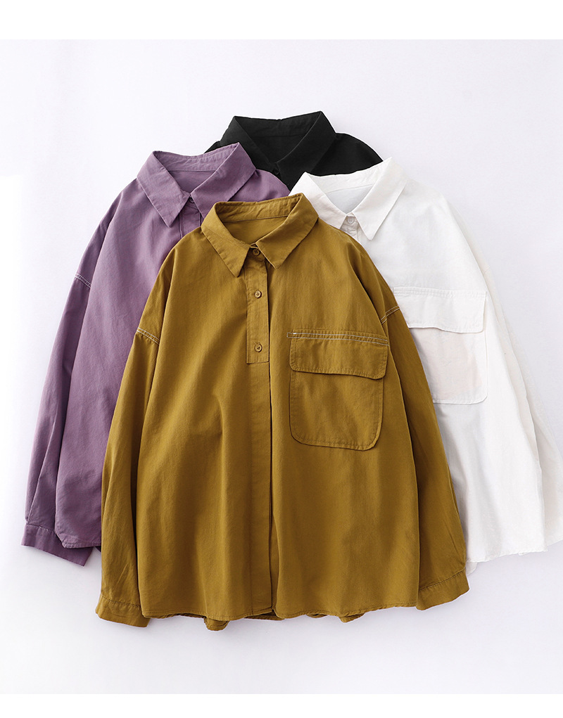 白ブラウス 襟付き長袖シャツ 胸ポケット付きベーシックブラウス