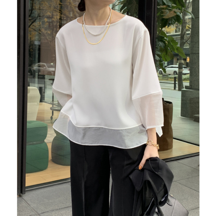 白ブラウス シフォン重ね着風半袖ブラウス裏地付き春夏薄手