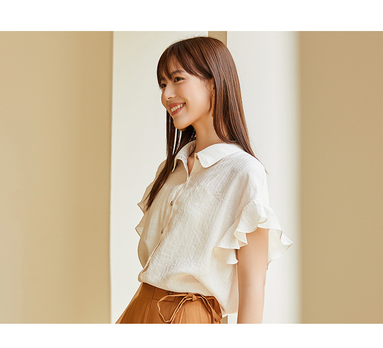 白ブラウス 優美な袖フリルラウンドカラーブラウス